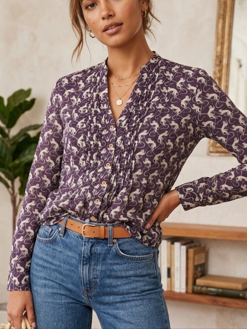 Anthropologie Maeve Monkey Print Pleated Button Down Blouse Sheer Purple, Size 2